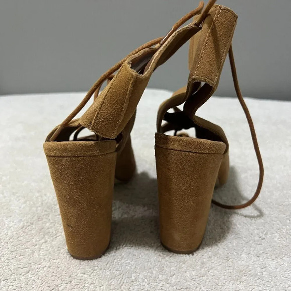 Urban Outfitters Women Brown Strappy Heels 9 Suede Lace Up Block Peep Toe Summer - Picture 5 of 16